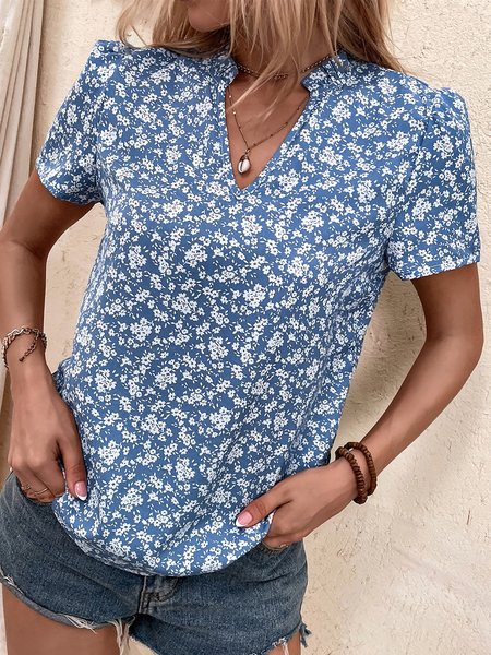 

V Neck Casual Floral Top, Blue, Tops