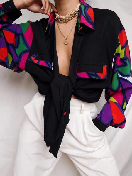 

Shirt Collar Loose Urban Long Sleeve Blouse, Black, Blouses and Shirts