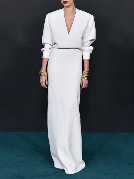

Elegant Plain V Neck Regular Fit Dress, White, Maxi Dresses