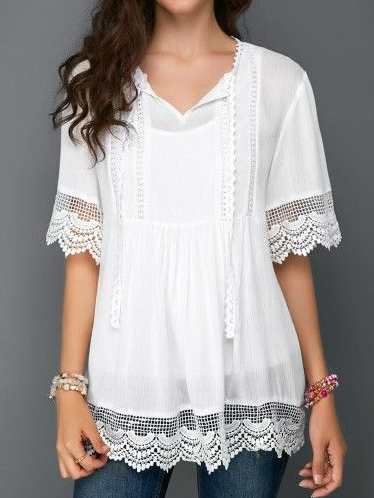 

V Neck Casual Regular Fit Lace Top, White, Tops