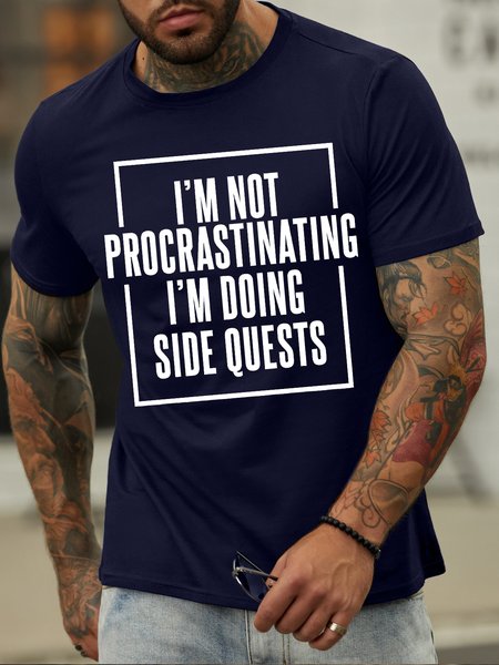 

Men's I Am Not Procrastination I Am Doing Side Quests Funny Graphic Print Casual Crew Neck Cotton Text Letters T-Shirt, Purplish blue, T-shirts