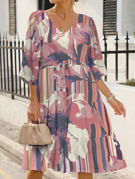 

V Neck Casual Dress, Multicolor, Dresses