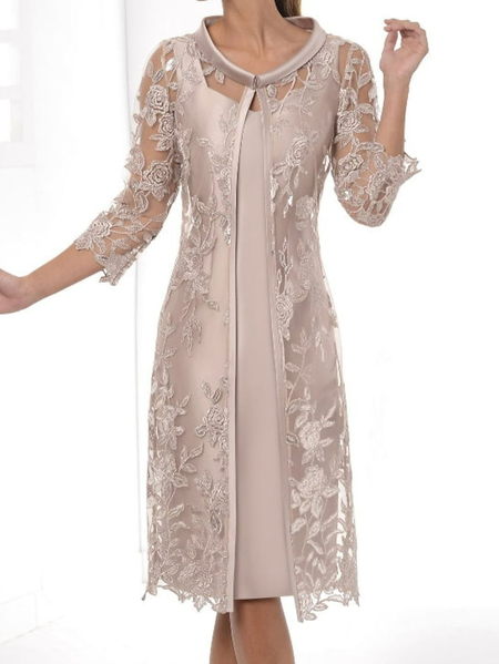 

Regular Fit Turtleneck Lace Elegant Dress, Champagne, Dresses