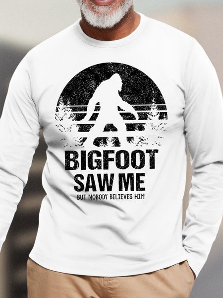

Men's Bigfoot Saw Me But Nobody Believes Him Funny Graphic Print Loose Cotton Casual Crew Neck Top, White, Long Sleeves