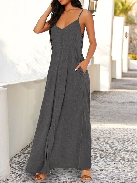

Vacation Plain Knitted V Neck Dress, Gray, Maxi Dresses