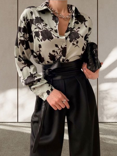 

Shirt Collar Floral Regular Fit Elegant Blouse, As picture, Blouses and Shirts