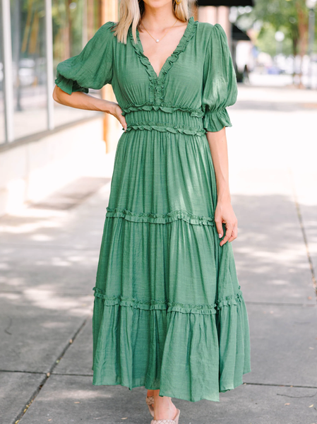 

Plain Loose Casual V Neck Dress, Green, Dresses