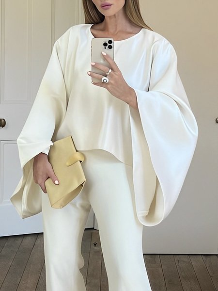 

Elegant Loose Plain Crew Neck Long Sleeve Blouse, Off white, Blouses and Shirts