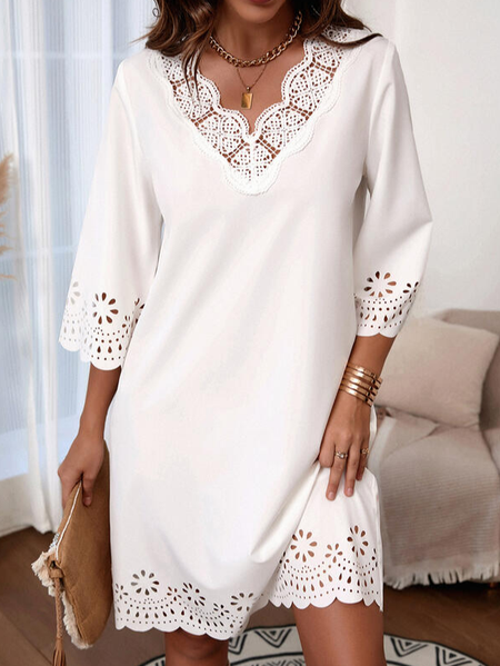 

Casual Plain V Neck Lace Occasion Elegant Dress, White, Dresses
