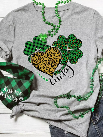 

St. Patrick's Day Loose Crew Neck Leaf Casual T-Shirt, Gray, T-Shirts