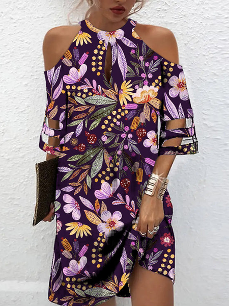 

Crew Neck Loose Floral Casual Dress, Purple, Dresses