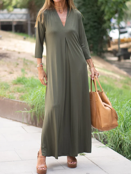 

Cotton-Blend V Neck Casual Loose Dress, Green, Maxi Dresses