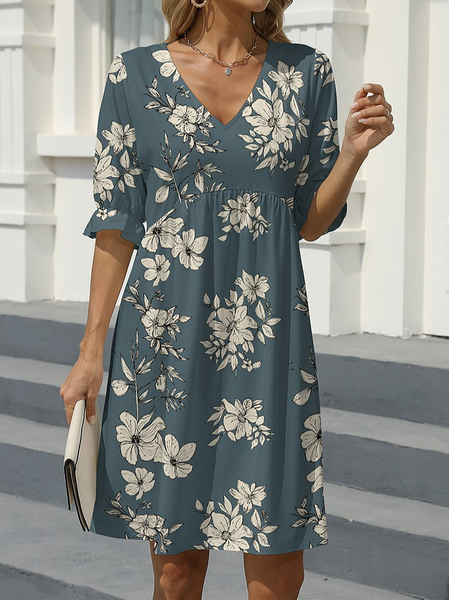 

Casual V Neck Floral Loose Dress, Blue, Dresses