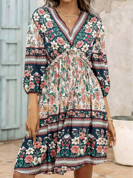 

Boho Floral Loose V Neck Dress, Multicolor, Mini Dresses