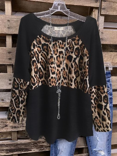 

Black Cotton-Blend Casual Crew Neck Leopard Top, Shirts & Blouses