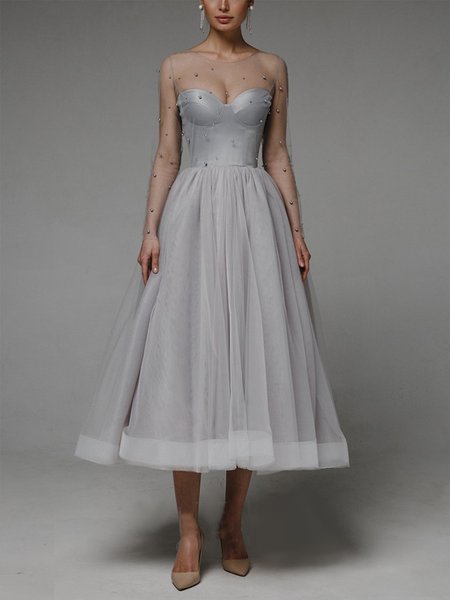 

Crew Neck Elegant Organza Plain Regular Fit Long sleeve Party Dress, Gray, Maxi Dresses