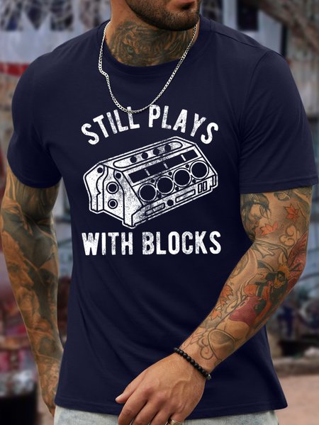 

Men's Still Plays With Blocks Funny Graphic Print Casual Crew Neck Cotton Loose T-Shirt, Purplish blue, T-shirts