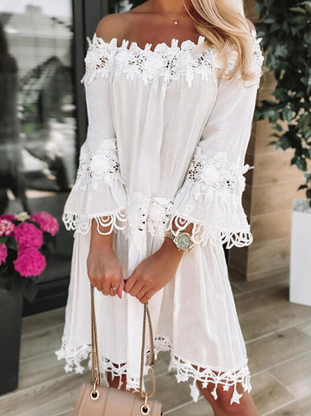 

Boat Neck Plain Regular Fit Vacation Dress, White, Dresses