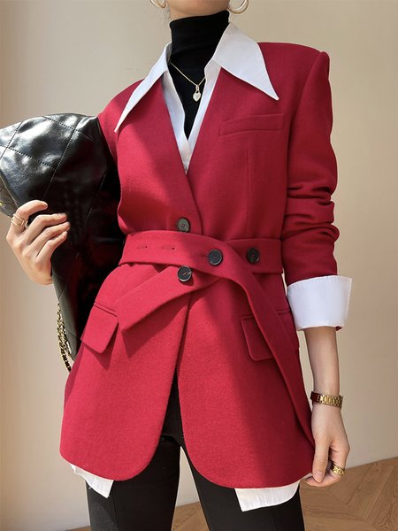 

Long sleeve Elegant Plain V Neck Regular Fit Blazer, Rose red, Blazers