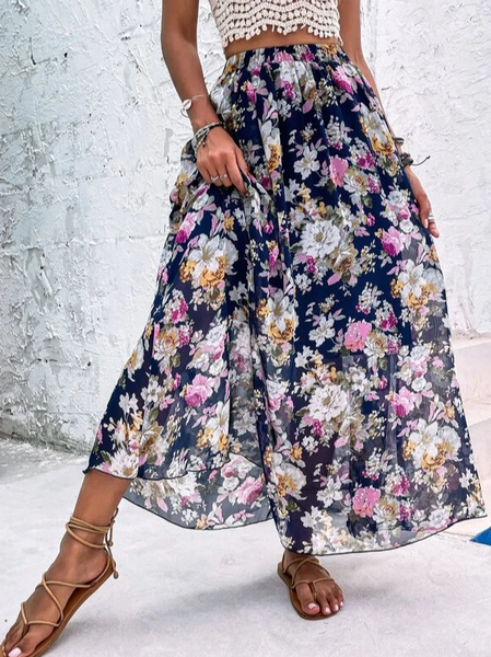 

Floral Casual Loose Skirt, Blue, Skirts