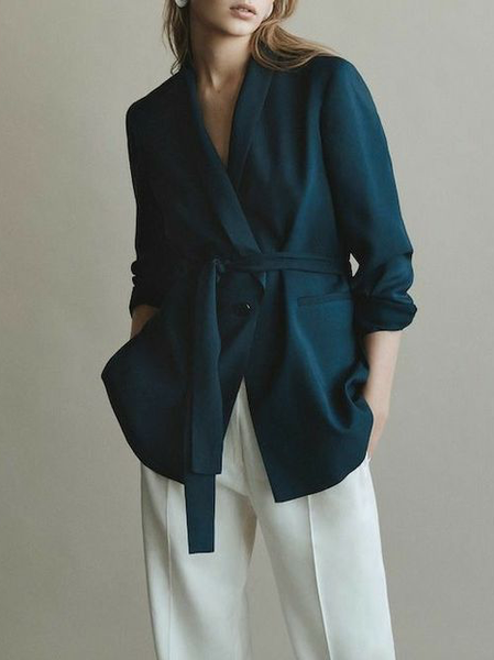 

Shawl Collar Elegant Plain Trench Coat, Blue, Blazers