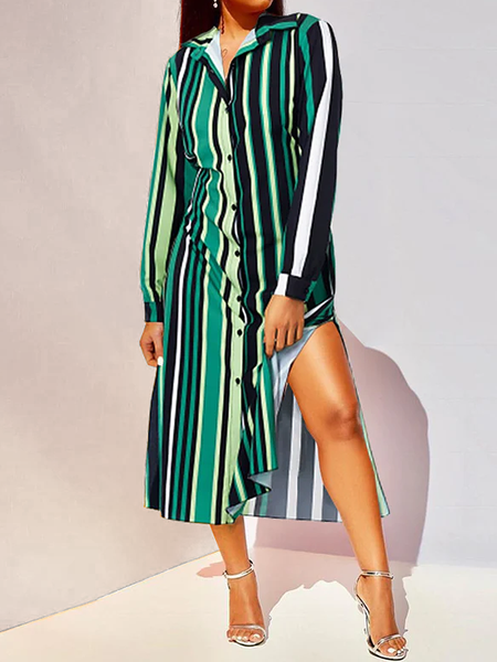 

Shirt Collar Long sleeve Striped Urban Loose Long Dress, Green, Maxi Dresses