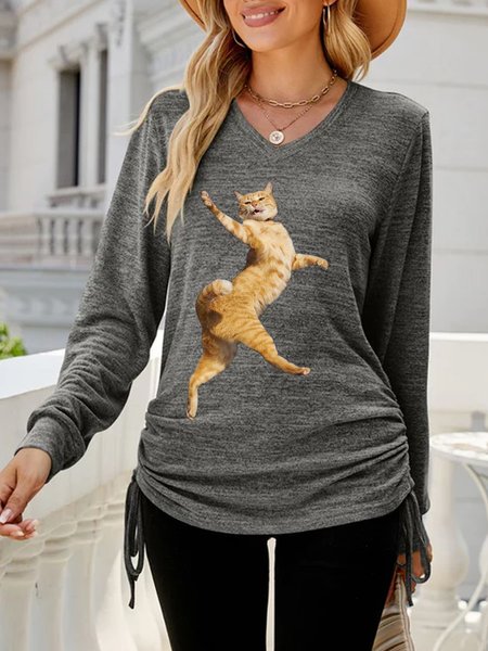 

Loose Casual V Neck Knitted T-Shirt, Gray, T-Shirts