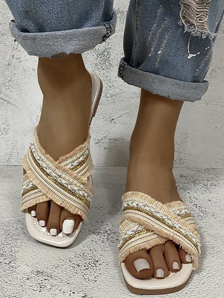 

Sequined Crossover Open Toe Low Heel Slides, Apricot, swimwear>>Beach Accessories