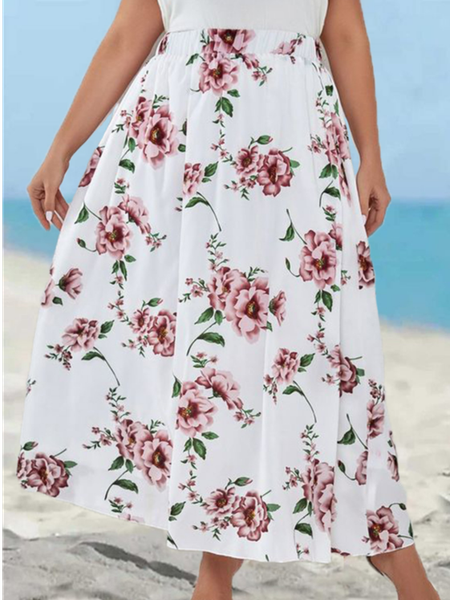 Loose Floral Casual Skirt, White, Skirts