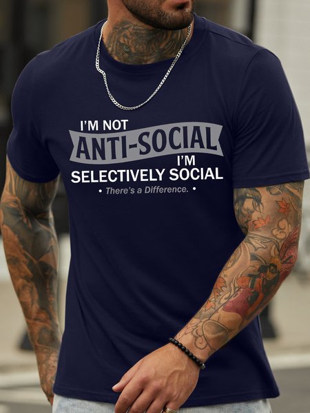 

Men's I Am Selectively Social There's A Difference Funny Graphic Print Text Letters Cotton Casual T-Shirt, Purplish blue, T-shirts