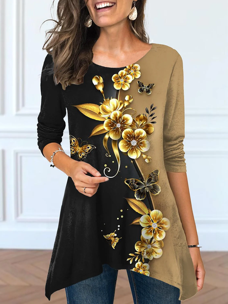 

Floral Crew Neck Casual Loose T-Shirt, Khaki, T-Shirts
