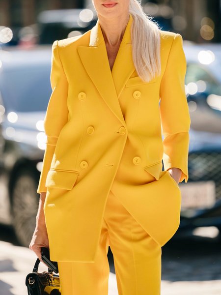 

Urban Lapel Collar Plain Loose Double Breasted Blazer, Yellow, Blazers
