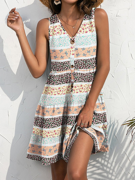 

Floral Loose V Neck Casual Dress, Multicolor, Mini Dresses