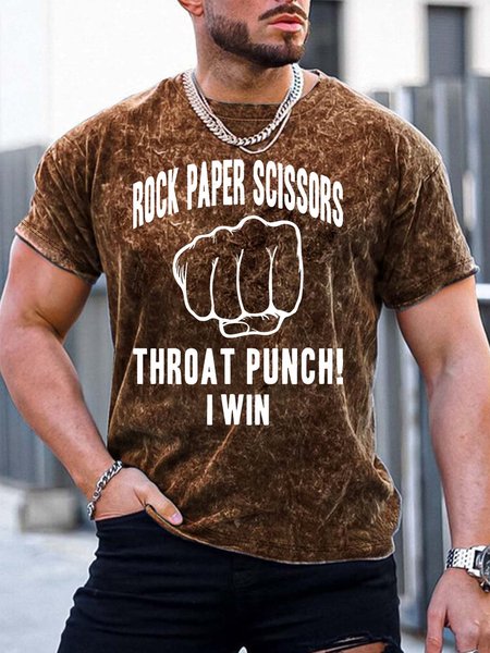 

Men’s Rock Paper Scissors Throat Punch I Win Text Letters Regular Fit Crew Neck Casual T-Shirt, Brown, T-shirts