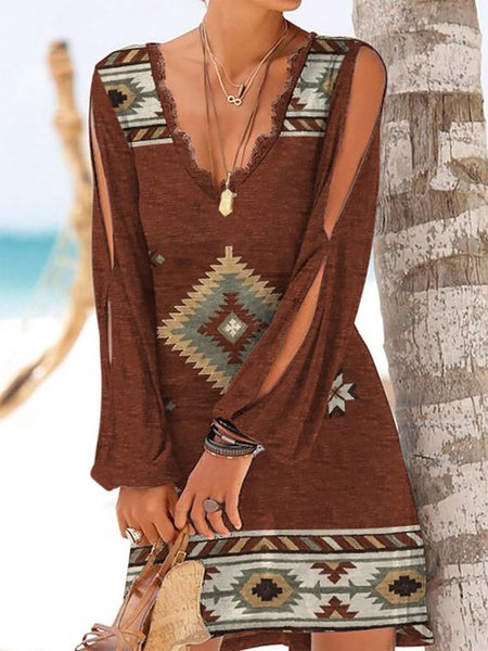 

Casual Loose Ethnic V Neck Dress, Red, Dresses