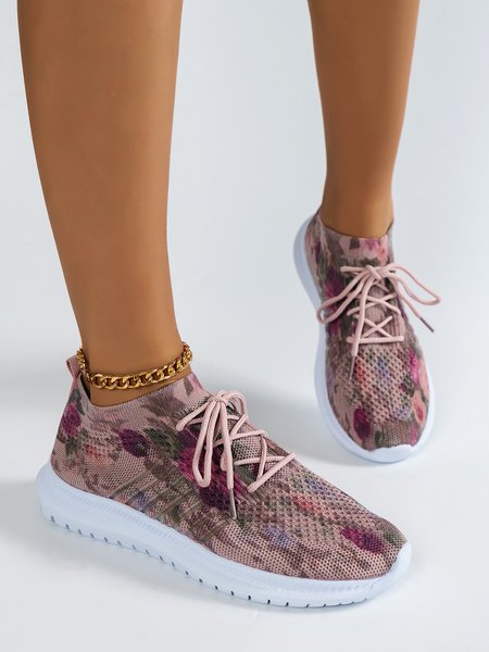 

Floral Print Lace-up Decor Slip On Fly Woven Sneakers, Pink, Sneakers