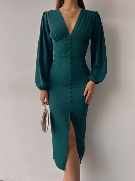 

Buttoned Regular Fit Plain Elegant Dress, Green, Midi Dresses