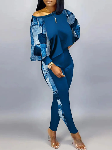 

Cotton-Blend Crew Neck Casual Two-Piece Set, Blue, Suit Set