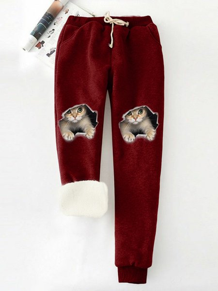 

Women's - Basics cat print Fleece Lined High Waist Soft Clouds Pants, Wine red, Pants
