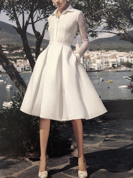 

Shirt Collar Plain Elegant Lace No Elasticity Dress, White, Midi Dresses