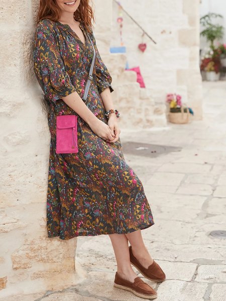 Loose Notched Boho Dress, Multicolor, Midi Dresses
