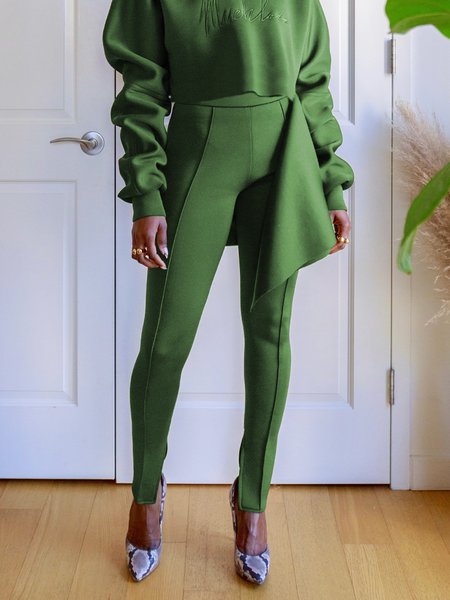 

Daily Plain Tight Casual Pants, Green, Pants