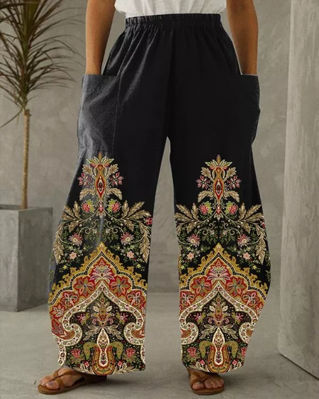 

Cotton-Blend Loose Casual Ethnic Casual Pants, Black, Pants
