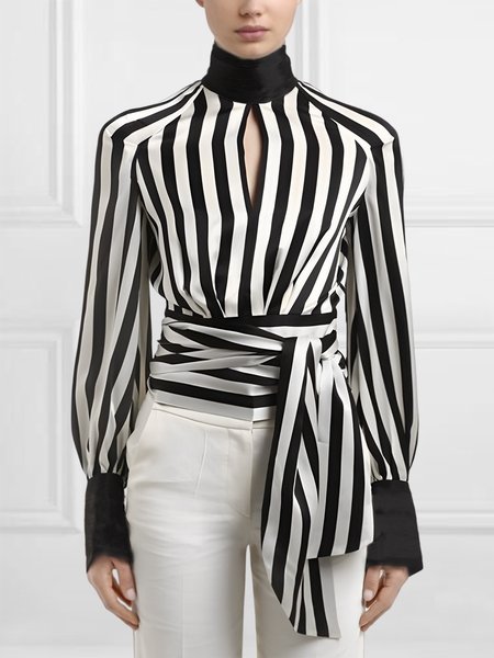 

Urban Striped Turtleneck Long Sleeve Blouse, Black-white, Blouses and Shirts
