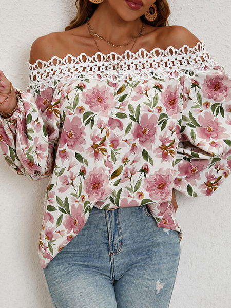 

Boat Neck Vacation Regular Fit Floral Blouse, Red, Shirts & Blouses
