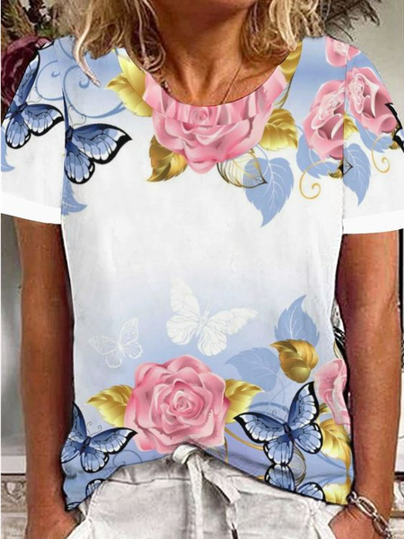 

Floral Crew Neck Casual T-Shirt, Blue, Dresses