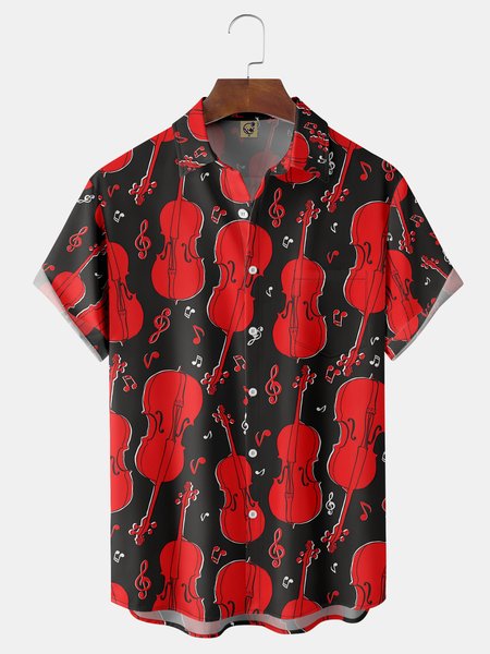 

Guitar Chest Pocket Short Sleeve Casual Shirt, Black, Men Shirts