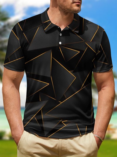 

Gradient 3D Black Gold Abstract Geometric Button Short Sleeve Polo Shirt, Polo Shirts