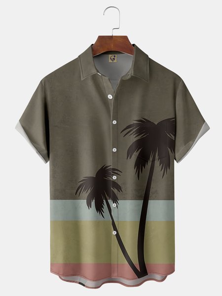 

Coconut Tree Chest Pocket Short Sleeve Hawaiian Shirt, Brown, Men Shirts