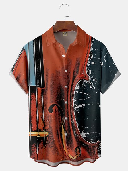 

Guitar Chest Pocket Short Sleeve Casual Shirt, Red, Men Shirts